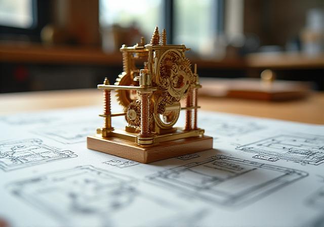 Close up of brass toy gears and historical toy blueprints in our New York workshop