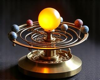 Brass solar system orrery with clockwork gears
