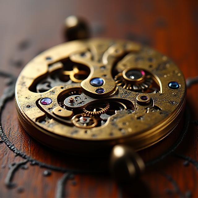 Antique brass gear mechanism on a dark wood background